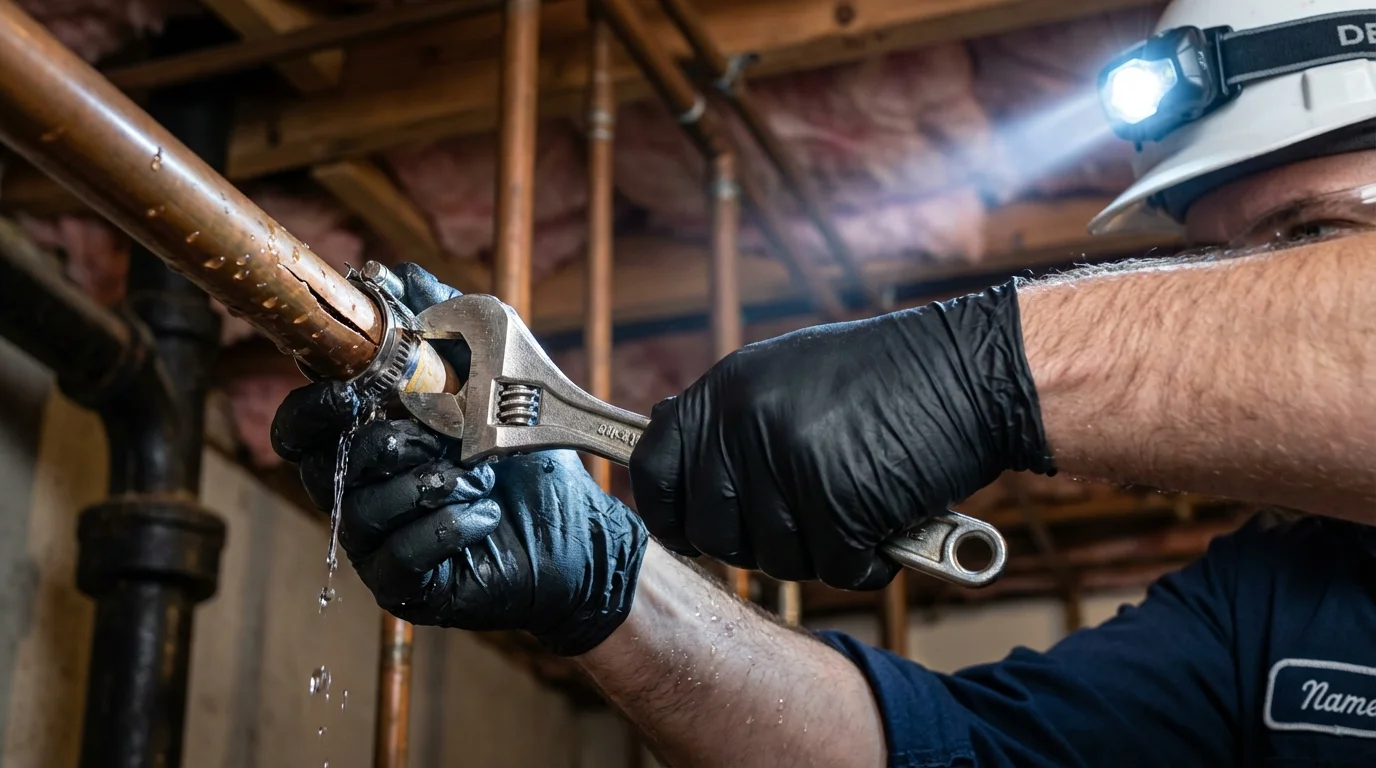 Emergency pipe clamp repair being performed by a Johns Plumbing LLC plumber in Falfurrias
