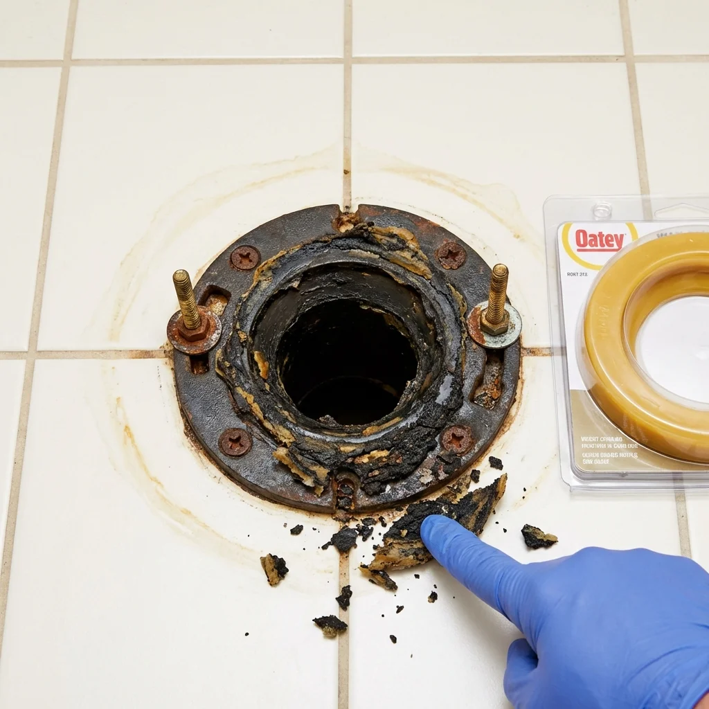 Failed wax ring showing water seepage at the base of a toilet in a Falfurrias, TX home