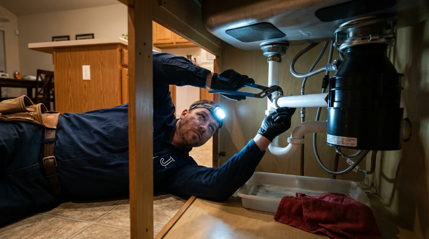P-trap and supply line connections under a kitchen sink showing a common leak point in Falfurrias, TX